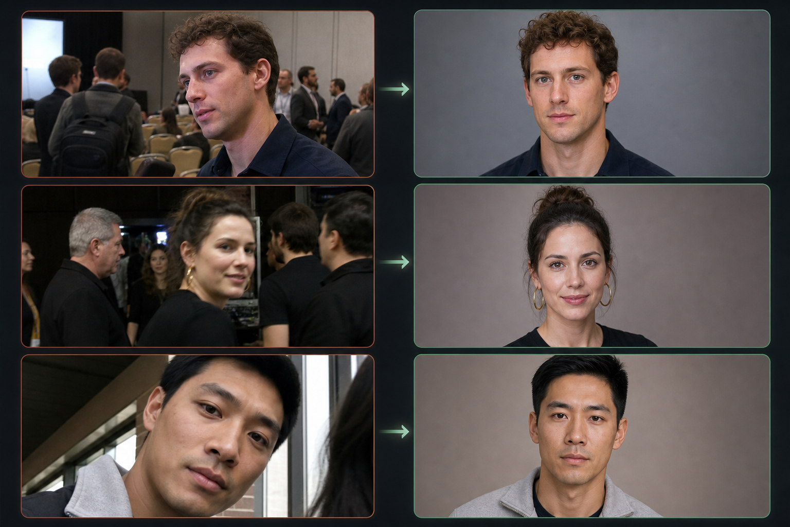 Synthetic examples of messy public source images converted into clean profile-card portraits